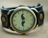 Leather Watch Gold Bronze Brass Rugged Black Leather Strap Watch Vintage Moustache Mustache Men Women Leather Cuff Watch, ww-145A Black