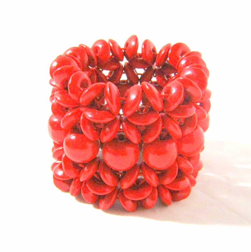 CANDY APPLE RED Wood Bracelet Cuff Stretch Circle Funky Trendy Round Beaded Bangle Elastic Handmade Unique Adjustable Earrings Sale Cute