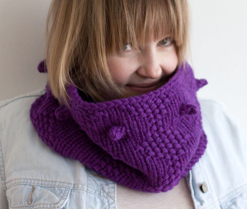Purple knit scarf with embossed spikes - 100% pure wool - tube wrap - original design - ready to ship