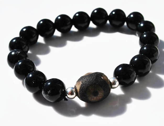 Black Agate and Ancient Dzi Bead Mala Bracelet / Meditation / Handmade / Natural / Yoga / Zen / Spiritual / Travel
