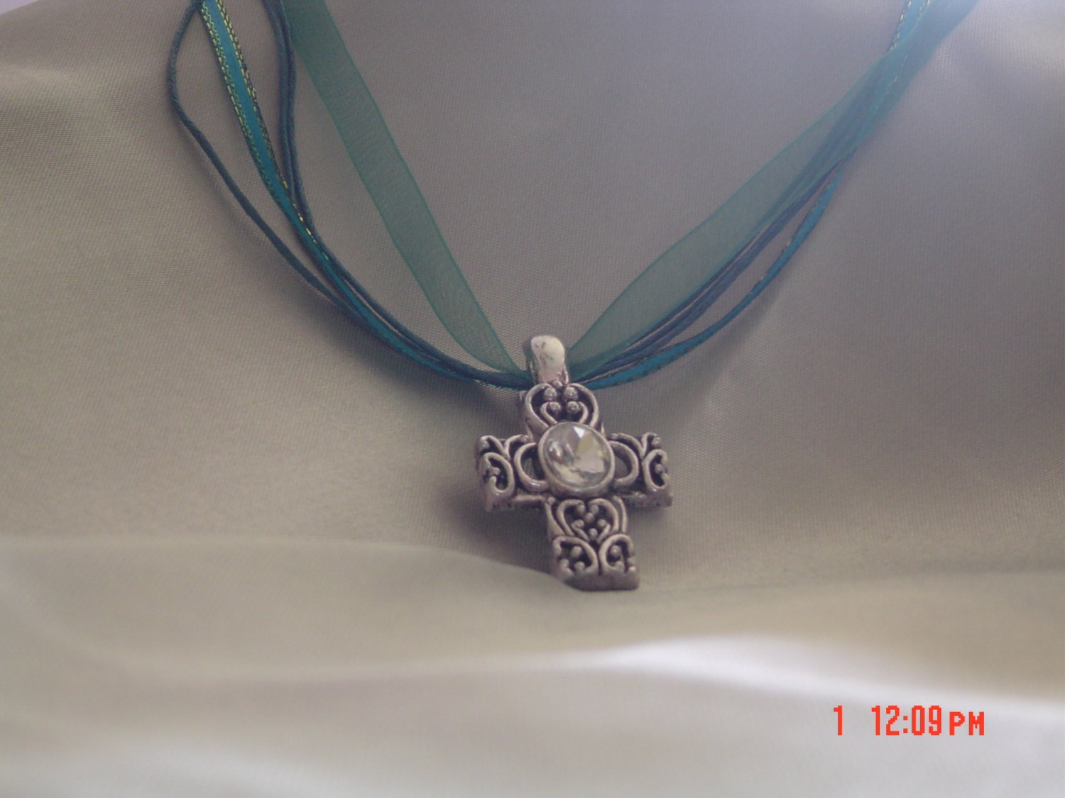 Teal necklace silver crystal women children gift OOAK Handmade Teal Jewlery - LadyBluesBaubles