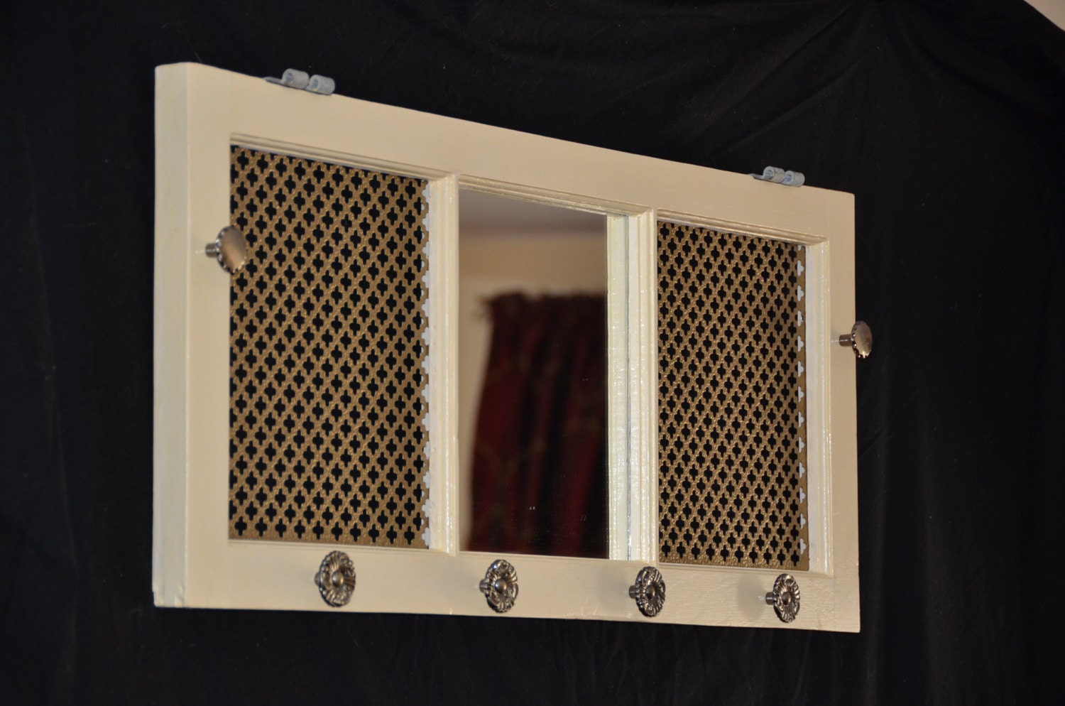 Handmade, one of a kind window frame jewelry organizer and mirror.