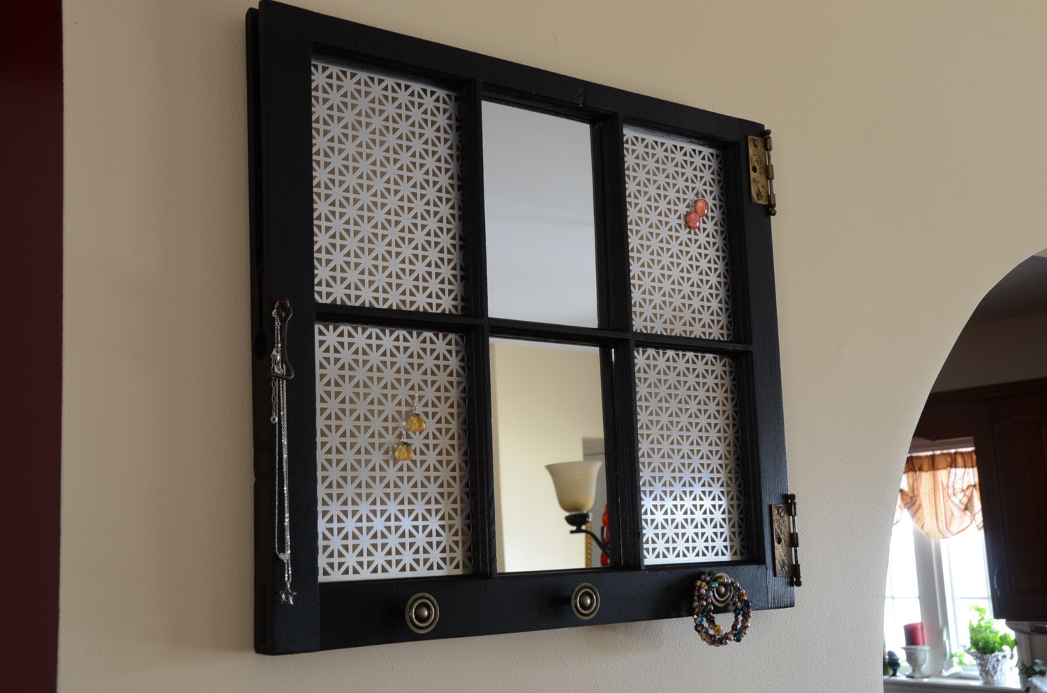 Handmade, one of a kind window frame jewelry organizer and mirror.