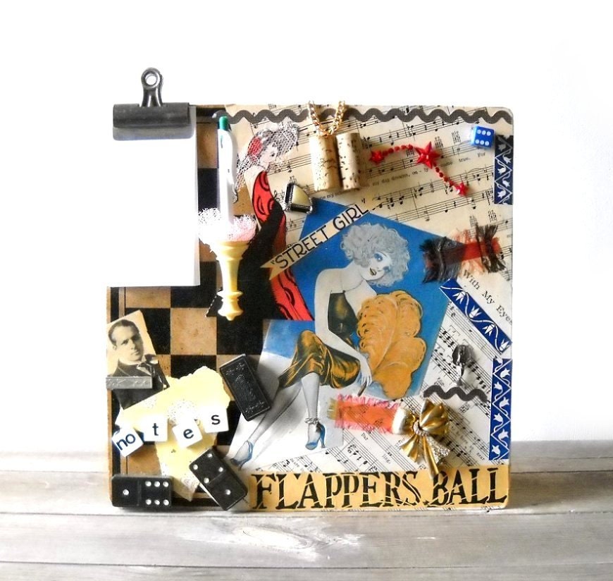 Upcycled Message Board - Altered Art Chess Board - Deco Flapper Girl Collage