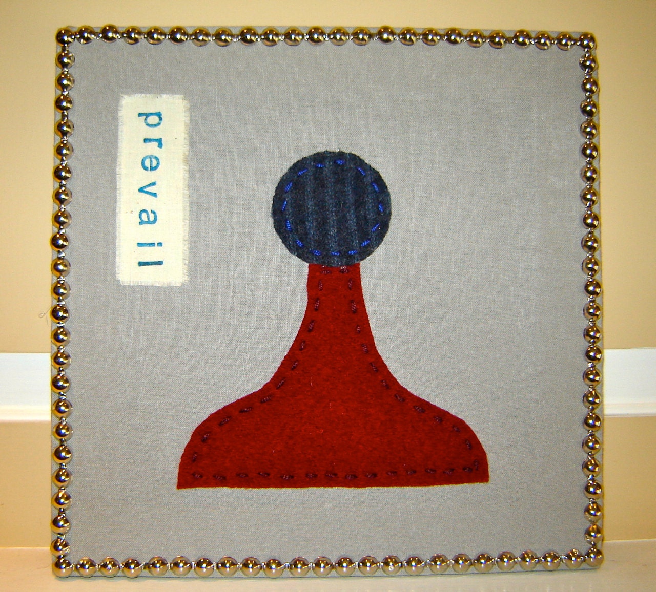 Modern Felted Sweater/Fabric Wall Panel Hanging Art with Nailhead Trim - "Prevail" Stamped Chess Piece Design 12x12