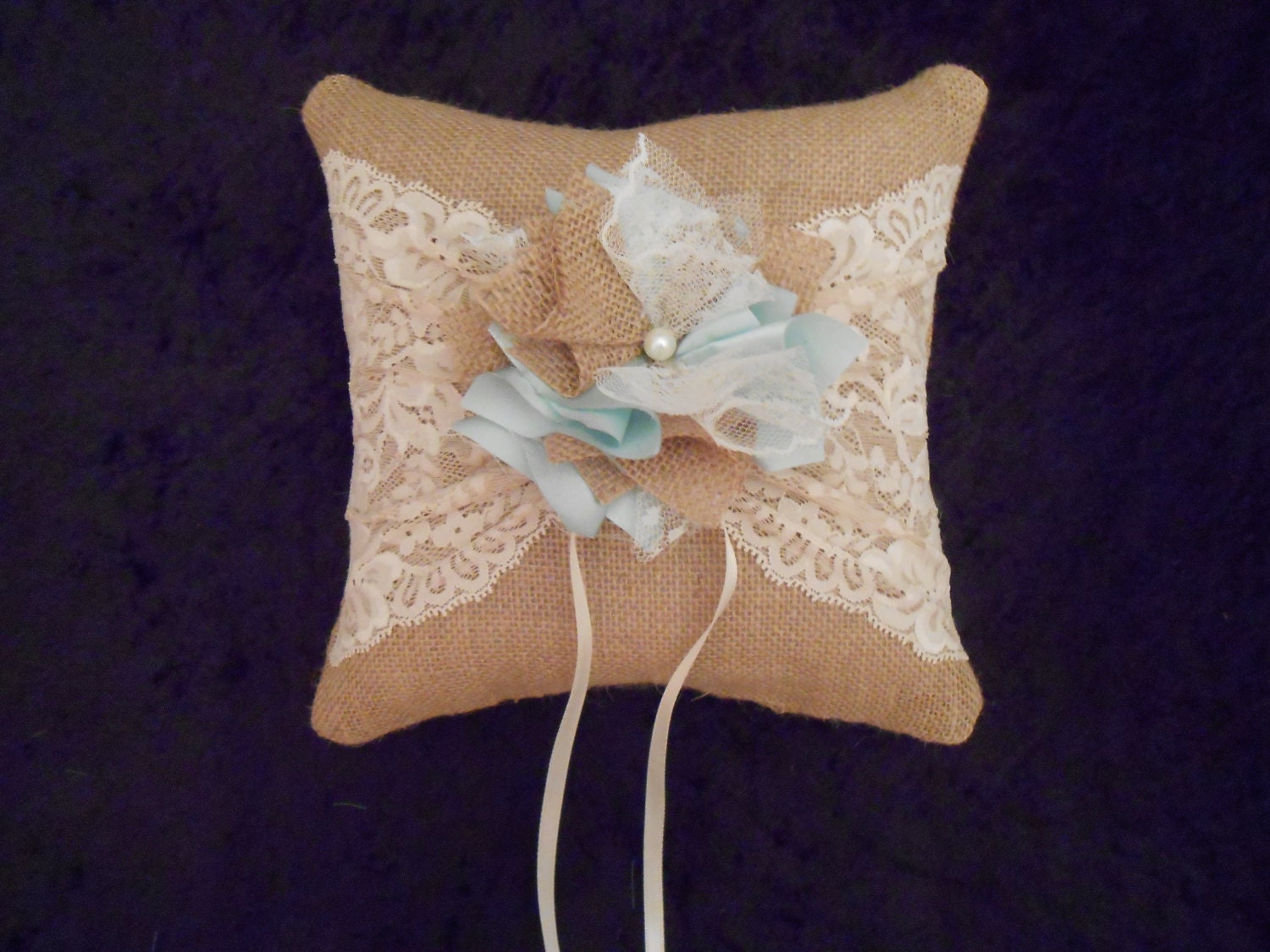 Beautiful Rustic Country Western UNIQUE Wedding Hand Made Burlap Vintage Lace Shabby Chic Turquoise Blue Mint Rose Flower Ring Bearer Pillow