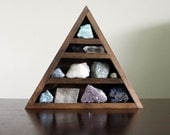 crystal and mineral stone collection in handmade triangle wood curio shelf