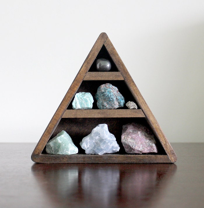 crystal and mineral stone collection in handmade triangle wood curio shelf