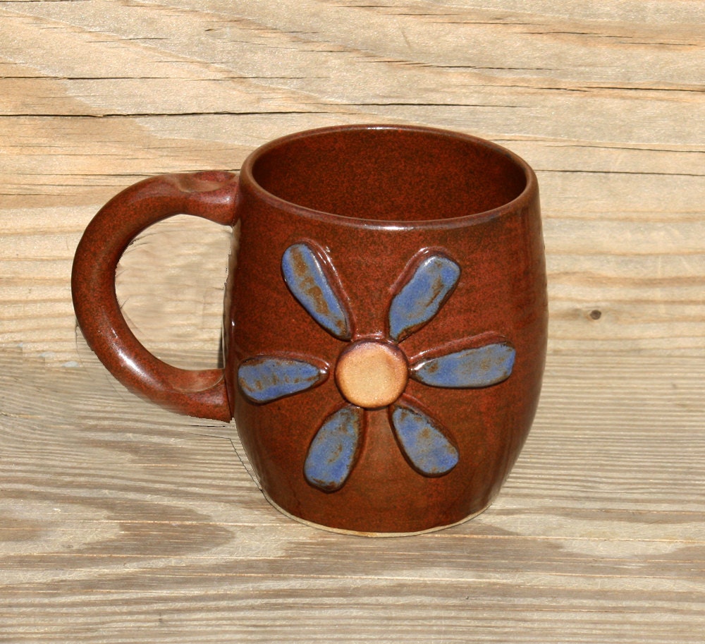 Unique Coffee Mugs. Whimsical Art. Blue Flower