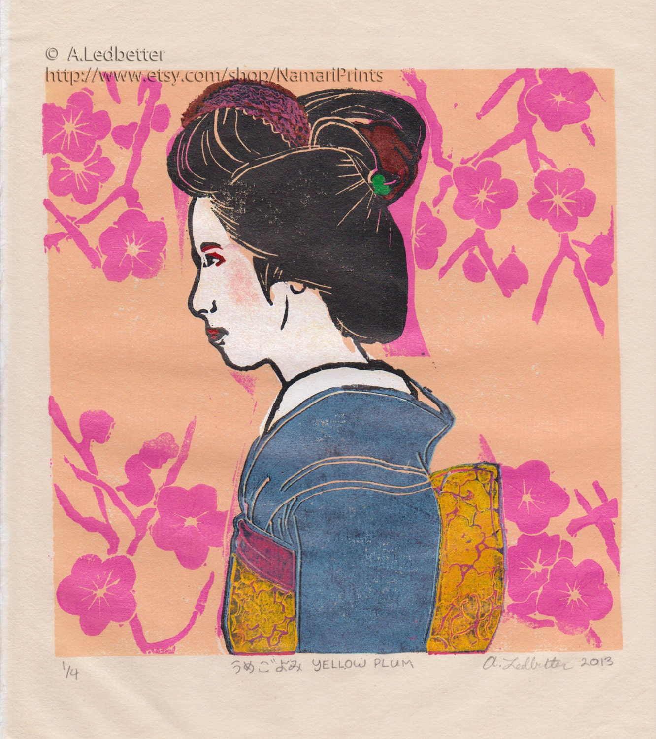 Umegoyomi YELLOW PLUM Linocut print - Maiko with ume flowers Trainee Geisha - Japanese Girl Blue Kimono - Limited edition