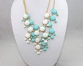 mini white and turquoise  necklace, handmade bib Necklace/glitter Statement Bubble choker,bridesmaid gifts,unique Beaded  Jewelry torque