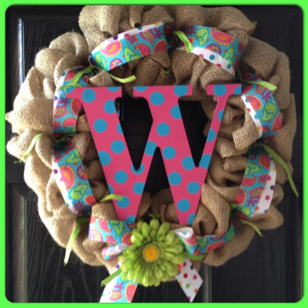 Burlap Ribbon Wreath with Flower & Initial