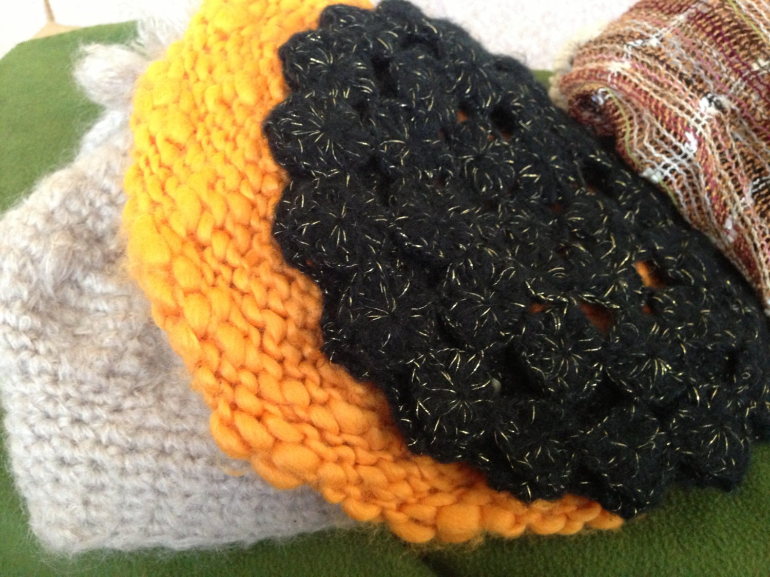 3 vintage hats and two scarves, boho, hippy, homemade, soft, natural, girl,  oversized beanie