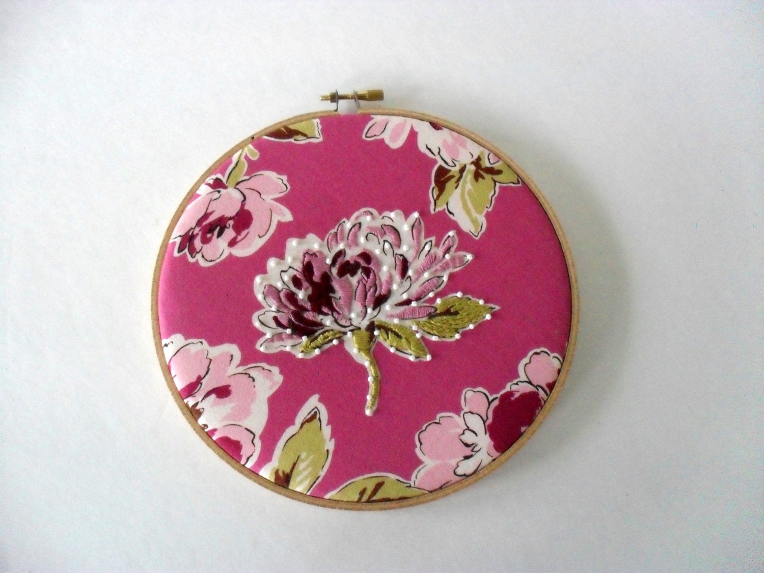 magenta embroidered flower embroidery hoop art beaded wall hanging fabric art flowers girls room decor cottage chic