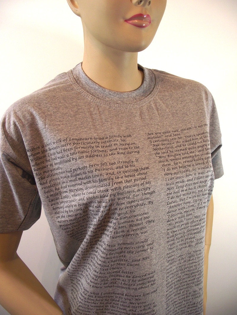 Pride and Prejudice Shirt GRAY Literary Tshirt Screen Printed Text Book - Jane Austen - Tee Pima Cotton Hand Printed