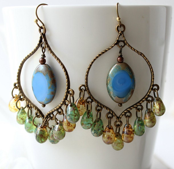 Bronze Baby Blue Spring  Chandelier Earrings, Blue Green Yellow Bohemian Hoops, Large Boho Dangles, Czech Glass, Gypsy Jewelry