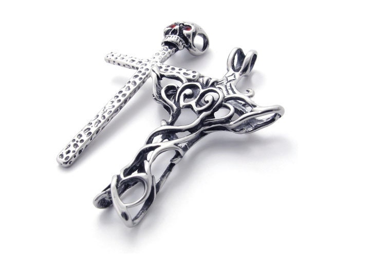 Stainless Steel Heavy Metal Skull Cross with Intricate Overlapping Sleeve Pendant for Rockers, Motor Bikers, Punk