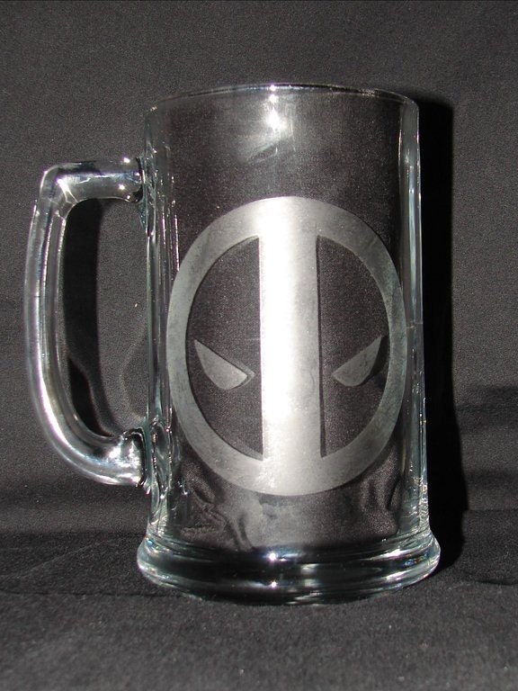 Deadpool the Marvel Comics Anti Hero Hand Etched on Beer Mug, Pint Drinking Glass, or Coffee Mug