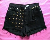 FREE SHIP waist 30" high waist black denim shorts cutoff frayed gold stud tag size 10