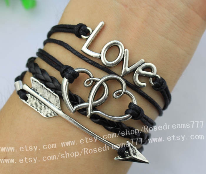 Love bracelet, arrows bracelet - heart bracelet - antique silver and black bracelet - friendship gifts, personalized bracelets