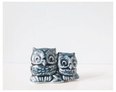 Vintage owl ceramic art figurine - blue owls pair couple parent child