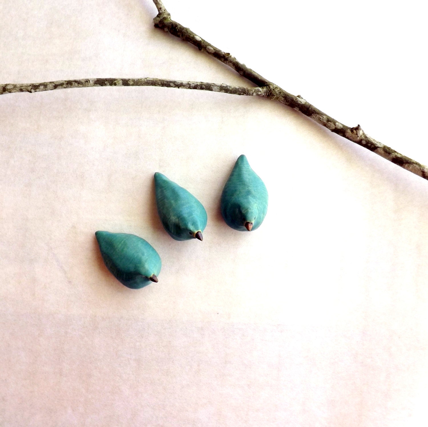 Three Little Bluebirds, Stoneware Miniature Bird Sculptures in Turquoise, Made to Order