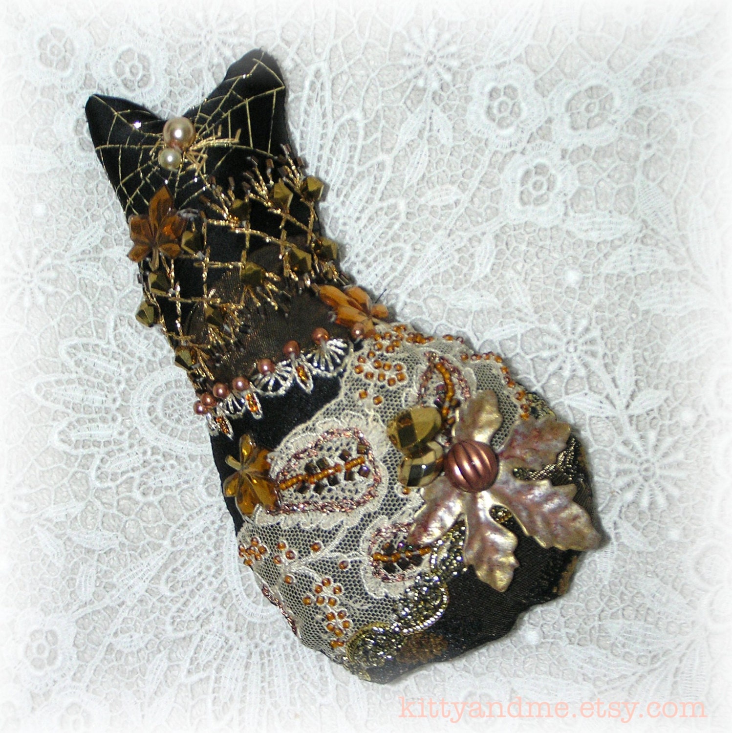 Halloween Cat Doll Hand Embroidered Black Cat Crazy Quilt