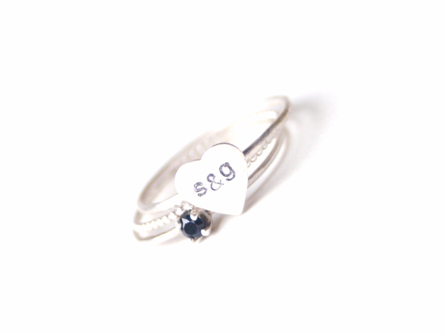 Set of Stacking Rings Personalized Heart Initial Ring Sterling Silver, Spinel and Dots Ring