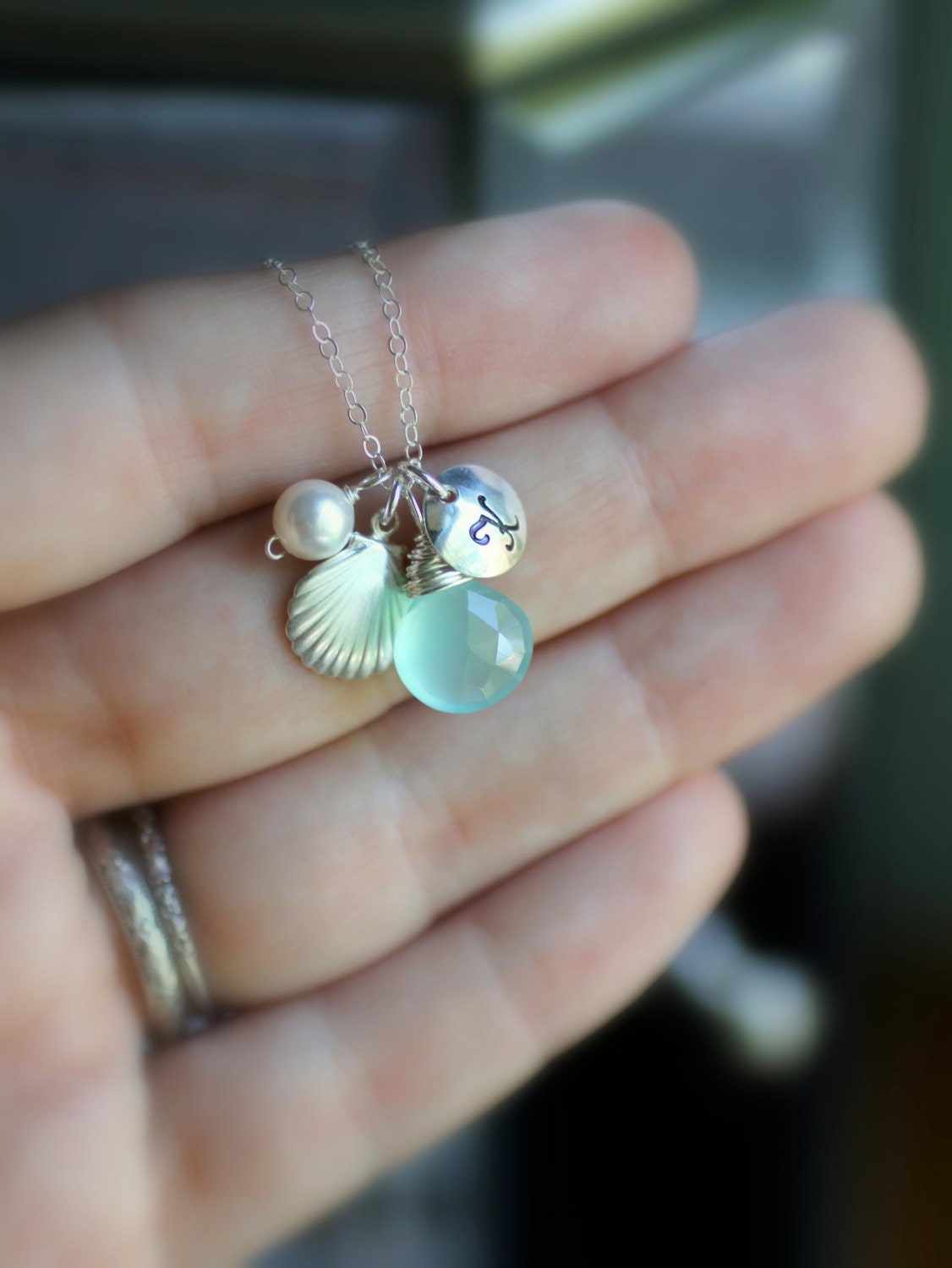 Personalized Sea Shell Necklace, Silver Sea Shell Charm, Initial Charm, Custom Birthstone, Ocean Blue, Aqua, Summer Necklace, Beach Wedding