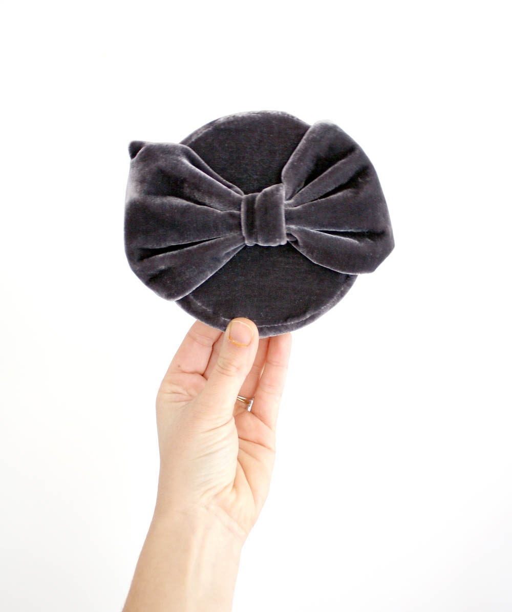 Spring Clearance Gray Velvet Mini Pillbox Cocktail Hat with Big Bow  // Fascinator Hat // Eco-consious, Slow Fashion