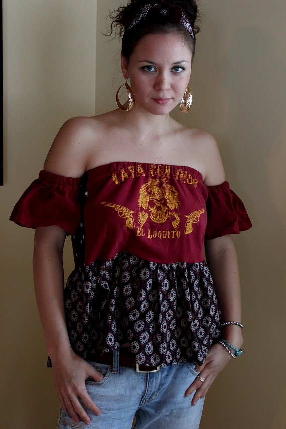 REVIVAL OOAK Upcycled Boho Top/Shirt, Off the Shoulder, Small to Medium, Recycled Tshirt, Repurposed, Eco Friendly Clothing