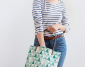 Emerald Triangle Tote Bag, Hand Printed Canvas with Leather Straps