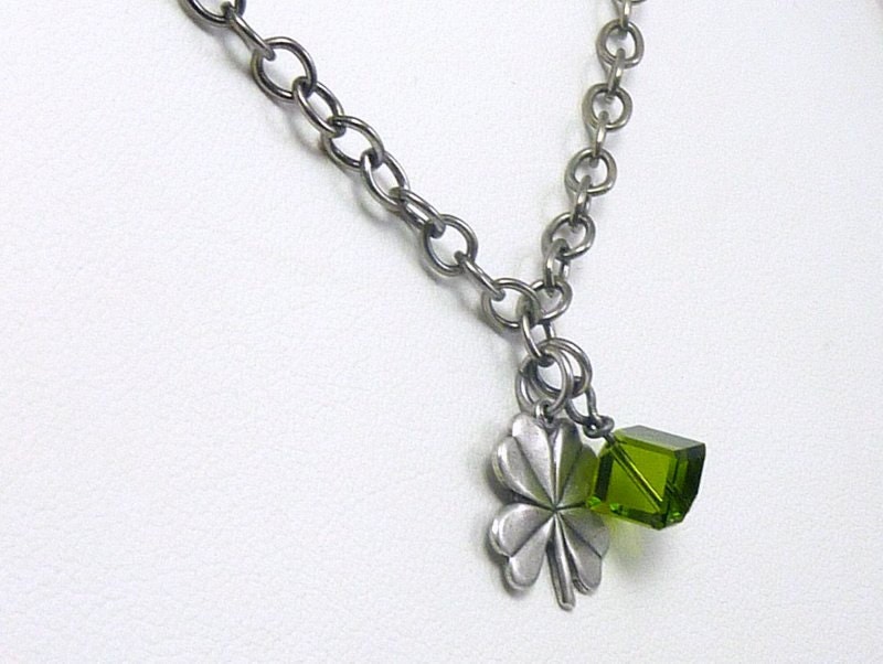Lucky Four Leaf Clover Necklace with Emerald Green Swarovski Crystal Cube - SophisticatedLady