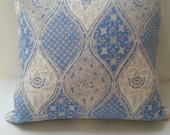 22" Quadrille Balinese Batik, Floral China Seas Linen Pillow Cover in French Blue Cream on White Colorway Cushion