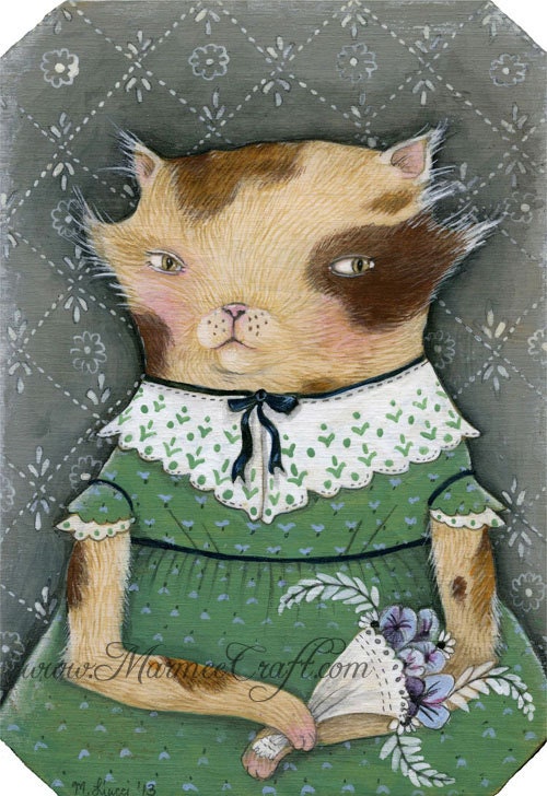 Folk art Victorian cat portrait art print, "Rhiannon's Flowers"