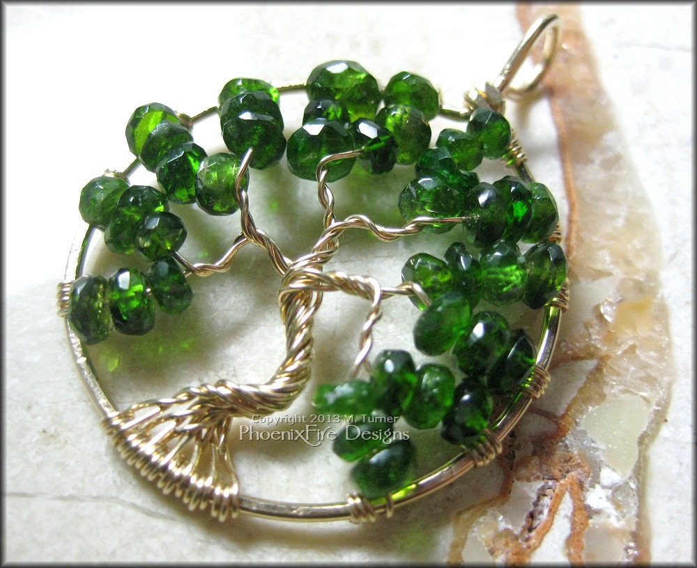 14k GF Tree of Life Pendant Chrome Diopside (Siberian Emerald) Wire Wrapped Woodland May Birthday Birthstone Evergreen FINE JEWELRY
