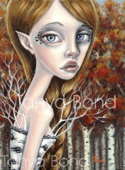 Birch - surreal pop fantasy art dryad tree fairy - 5x7 print of an original painting by Tanya Bond
