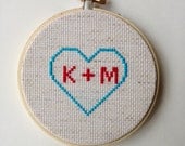 Initials in a Heart Hand Stitched Cross Stitch Hoop Art