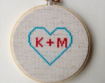 Initials in a Heart Hand Stitched Cross Stitch Hoop Art