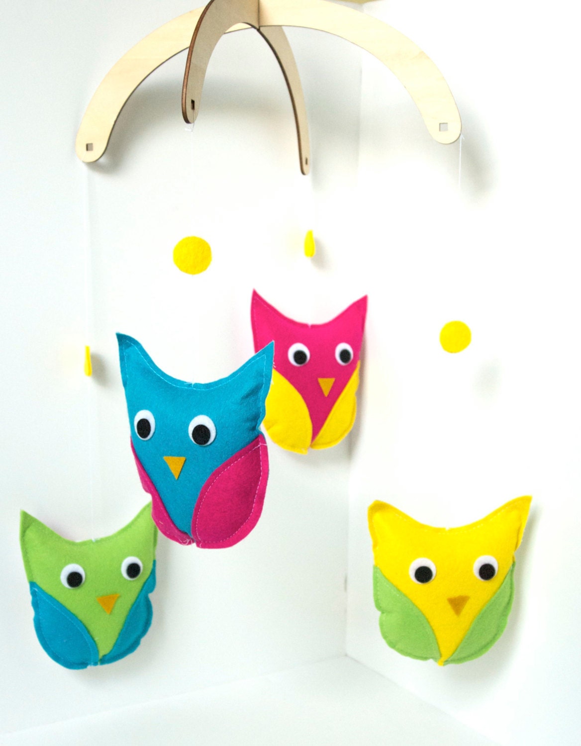 Woodland Modern Owl Mobile Wool Felt Baby Nursery, Crib or Playroom Decor Bright Neon Colors