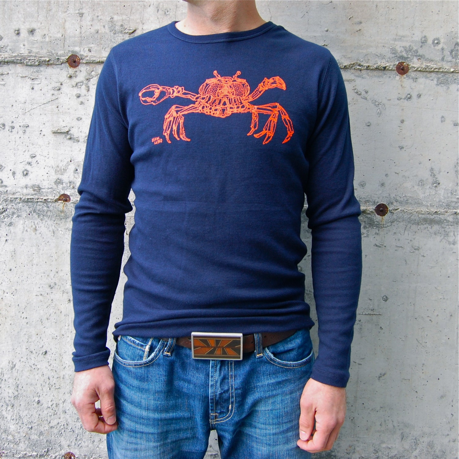 ORange Crab on Navy Blue long sleeve thermal