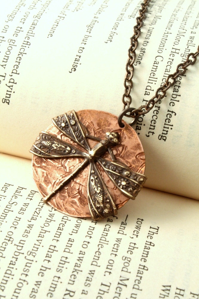 Vintage Tooled Repousse Dragonfly "Weathered Flight" Hammered Copper & Brass Necklace
