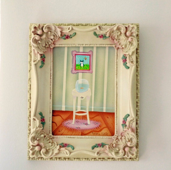 Framed Original Painting Fishie with Kitty Painting by Valerie Walsh
