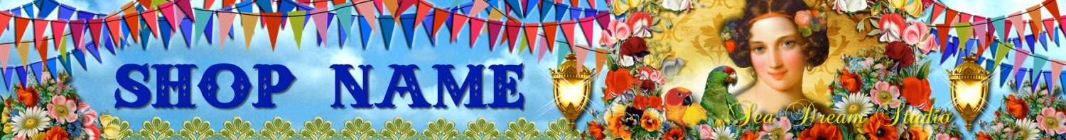 Beautiful Vintage Lady with Parrots and Flowers Etsy shop banner and avatar OOAK by Sea Dream Studio