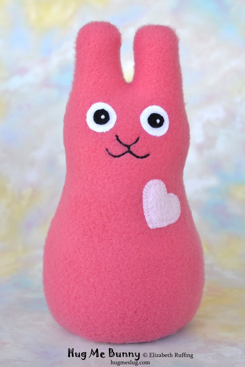 Handmade Rabbit, Stuffed Animal Plush Doll Art Toy, Hug Me Bunny, Personalized Hang Tag, Coral Pink, Light Pink Fleece, 9 inch, Ready-made