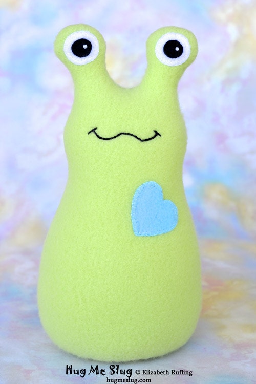 Handmade Slug, Stuffed Animal Plush Doll Art Toy, Hug Me Slug, Personalized Tag, Pear Green, Lt Turquoise Fleece, 9 inch, Ready-made