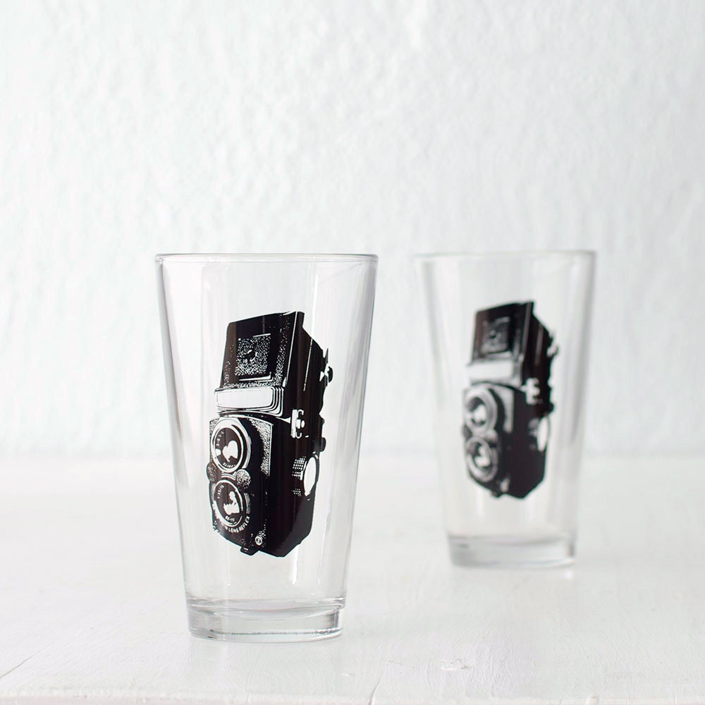 TLR camera, screen printed glasses, set of 4 pint glasses