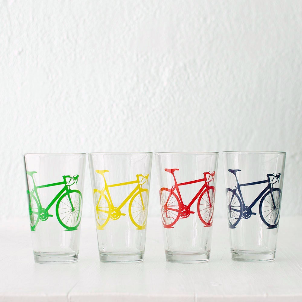 BIKE PARTY GLASSWARE set of 4 screen printed bicycle pint or Rocks glasses