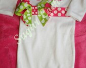 Boutique Personalized Ribbon Shirt Baby Gown and Hat gift Set Hot Pink and Lime Green