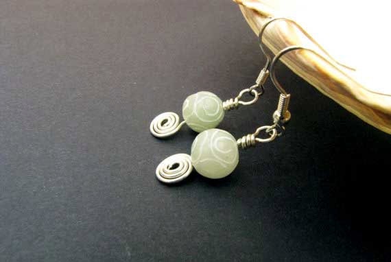 Carved Jade Dangle Earrings Green Jade Wire Wrapped Sterling Silver